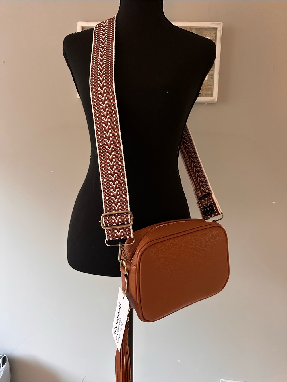 Joy Susan Tan Crossbody Bag with Patterned Strap
